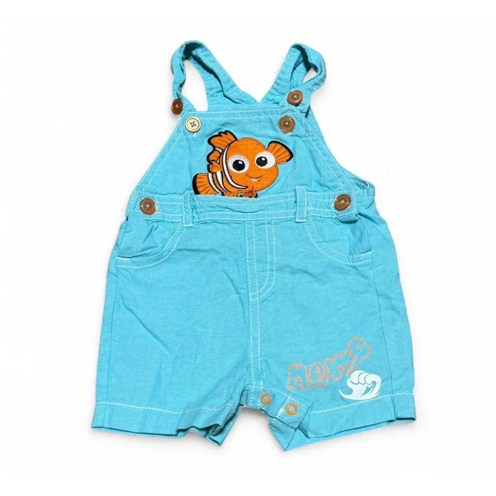 Disney Baby Finding Nemo Romper Overalls 6/9M Blue Embroidered Fish Shortall Y2K